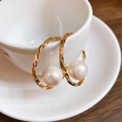 Korean Simple Big Pearl Ball Hoop Earrings